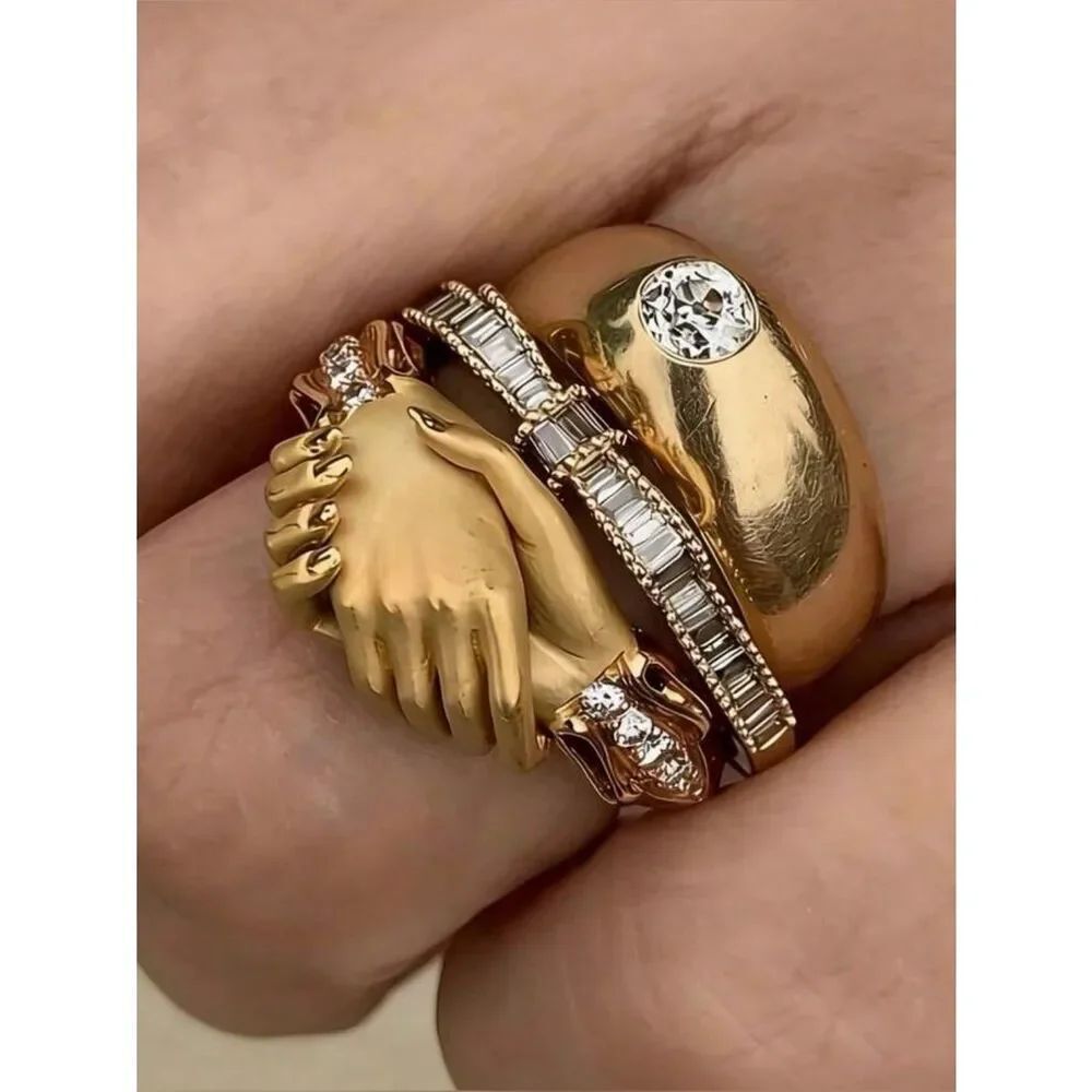 Gold Hand Clasp Stack Ring Set A2026